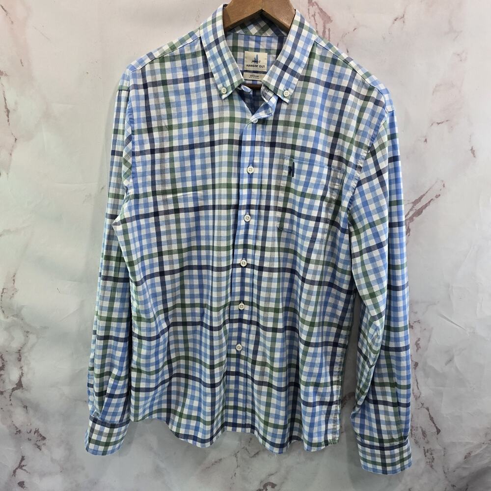 Johnnie O Shirt Mens Medium Blue White Green Button Plaid Western Long Sleeve